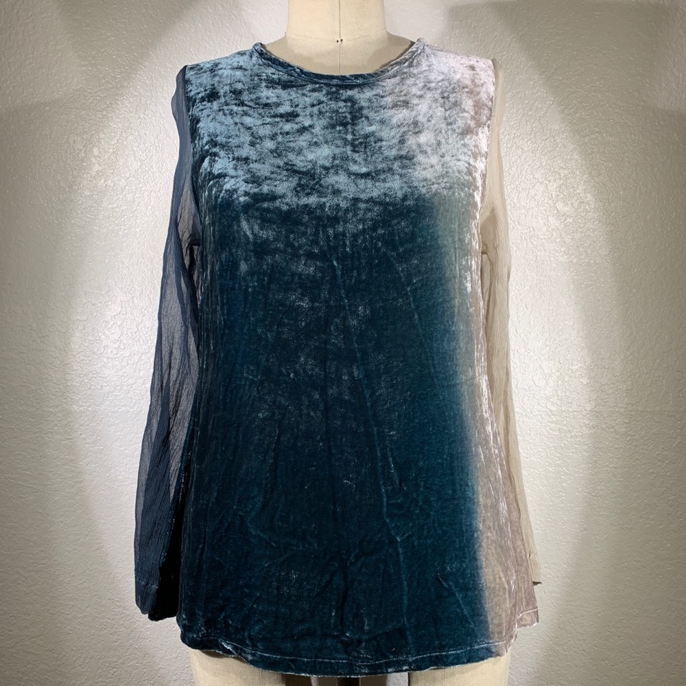 Viviana Uchitel Kvinna Silk Velvet Top W/ Chiffon Sleeve in Scandinavian Sky NWT